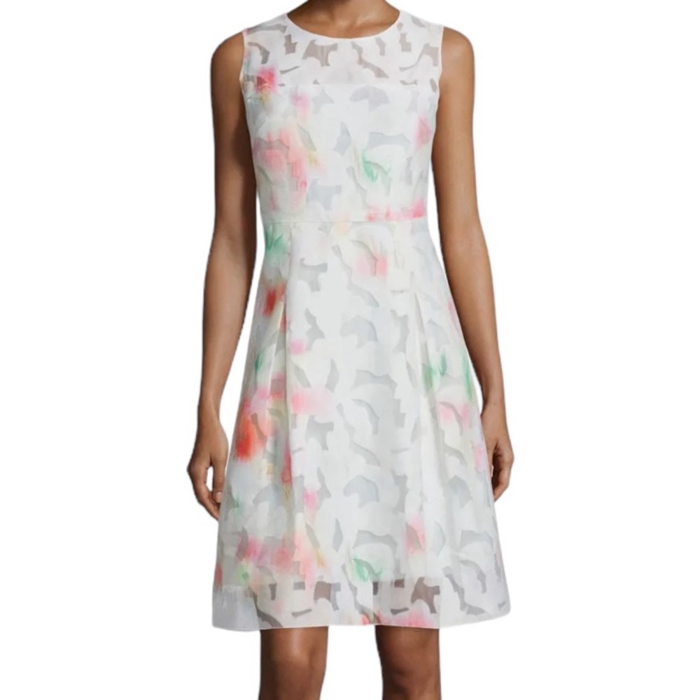 Elie Tahari "Dorinda" Ivory Pastel Floral Burnout Sleeveless Shift Dress